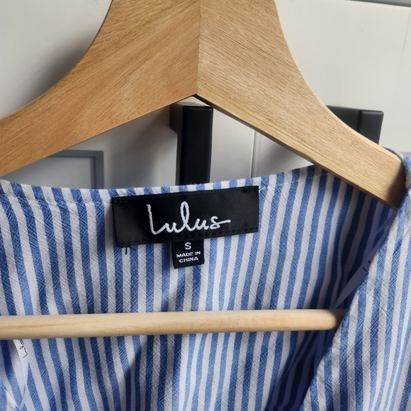 Lulus Seaport Blue White Stripe Tie Front Mini Dress Small - Picture 8 of 12